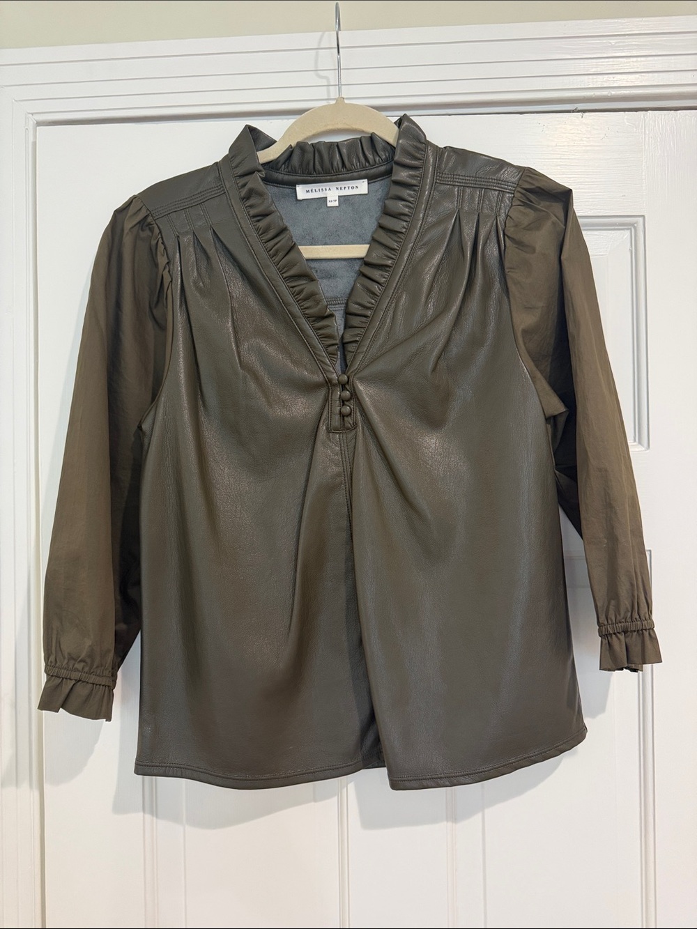 MELISSA NEPTON Olive Faux-Leather Ruffle-Trim Blouse